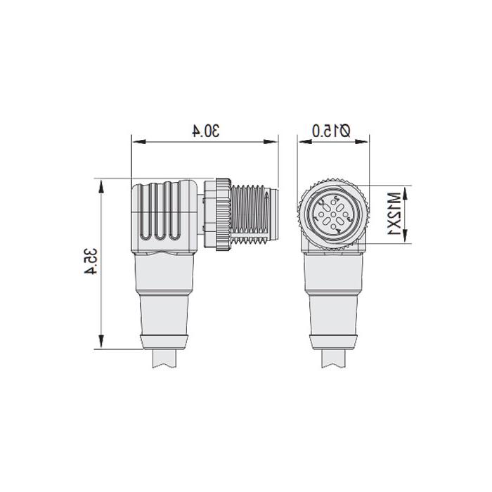 M12 5Pin, male 90°, pin 5 gray, single-end precast PUR flexible cable, shielded, black sheathed, 64S565-XXX